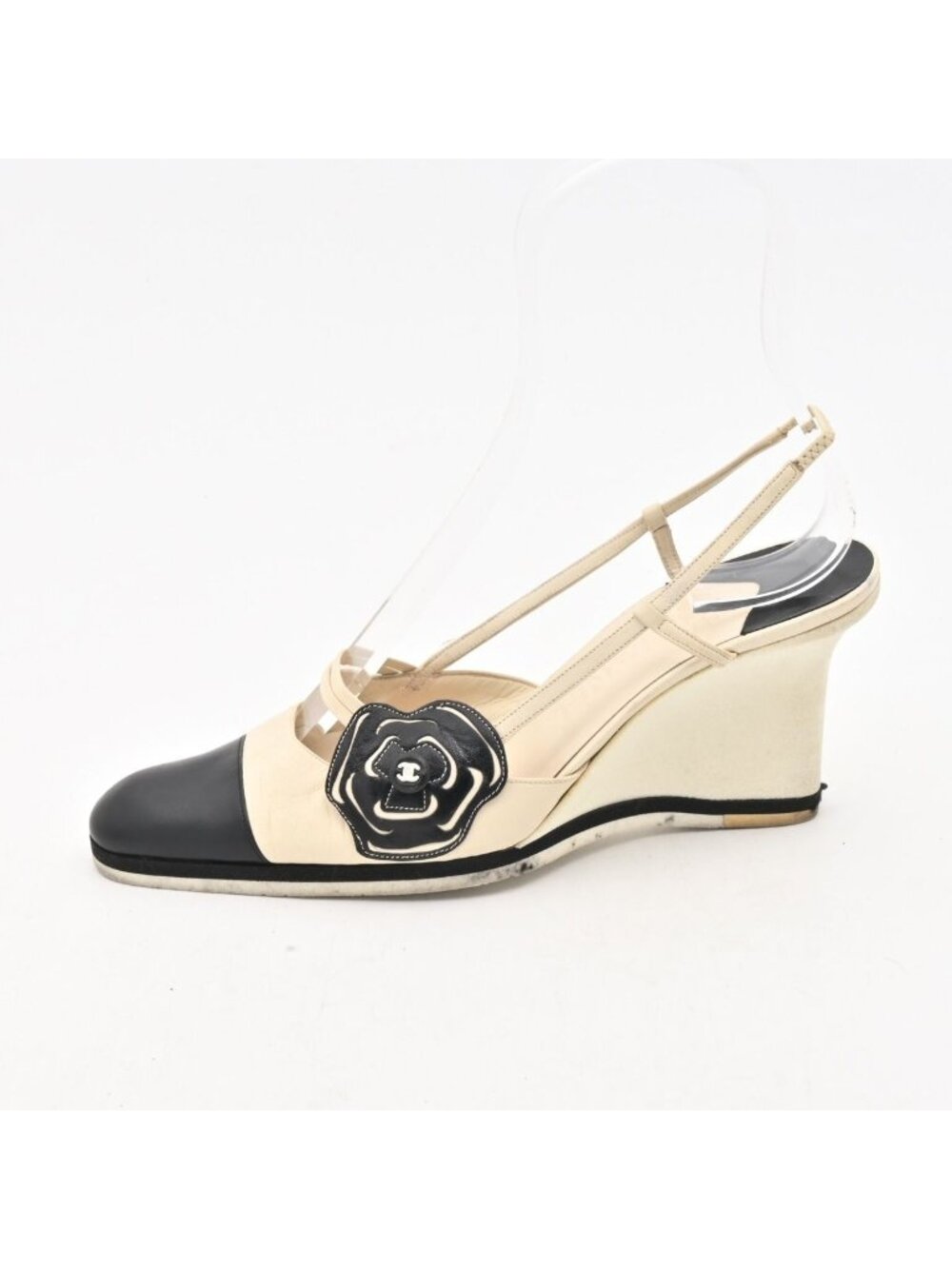 Chanel Sandals Ivory Black Camellia Wedge Sole Leather